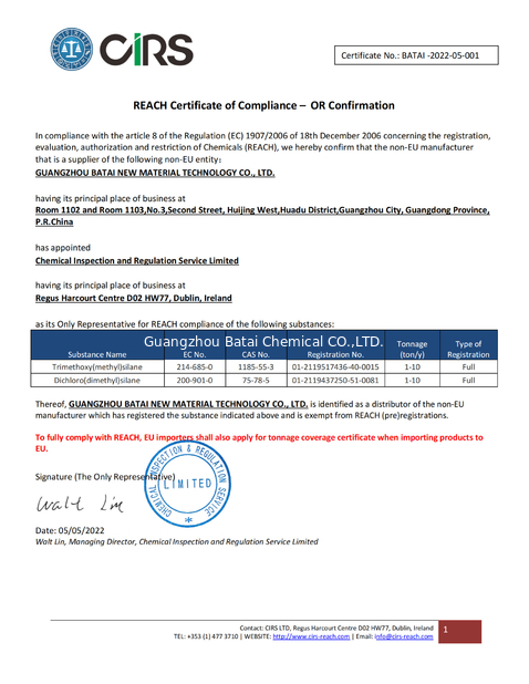 Chine Guangzhou Batai Chemical Co., Ltd. Certifications